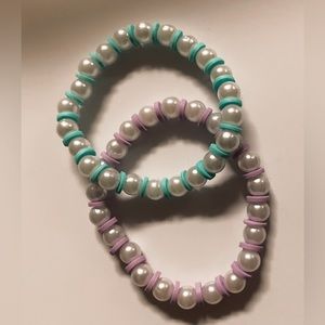 handmade 2 stretchy faux pearl/ clay bead bracelets. pink/ aqua. made by allana